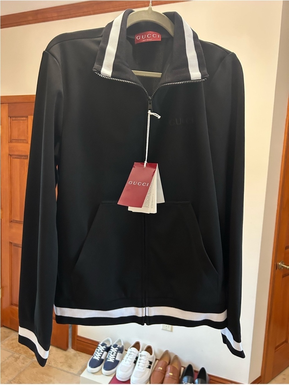 Men’s Gucci jersey technical, zip up jacket, web, trim, size medium, made Italy